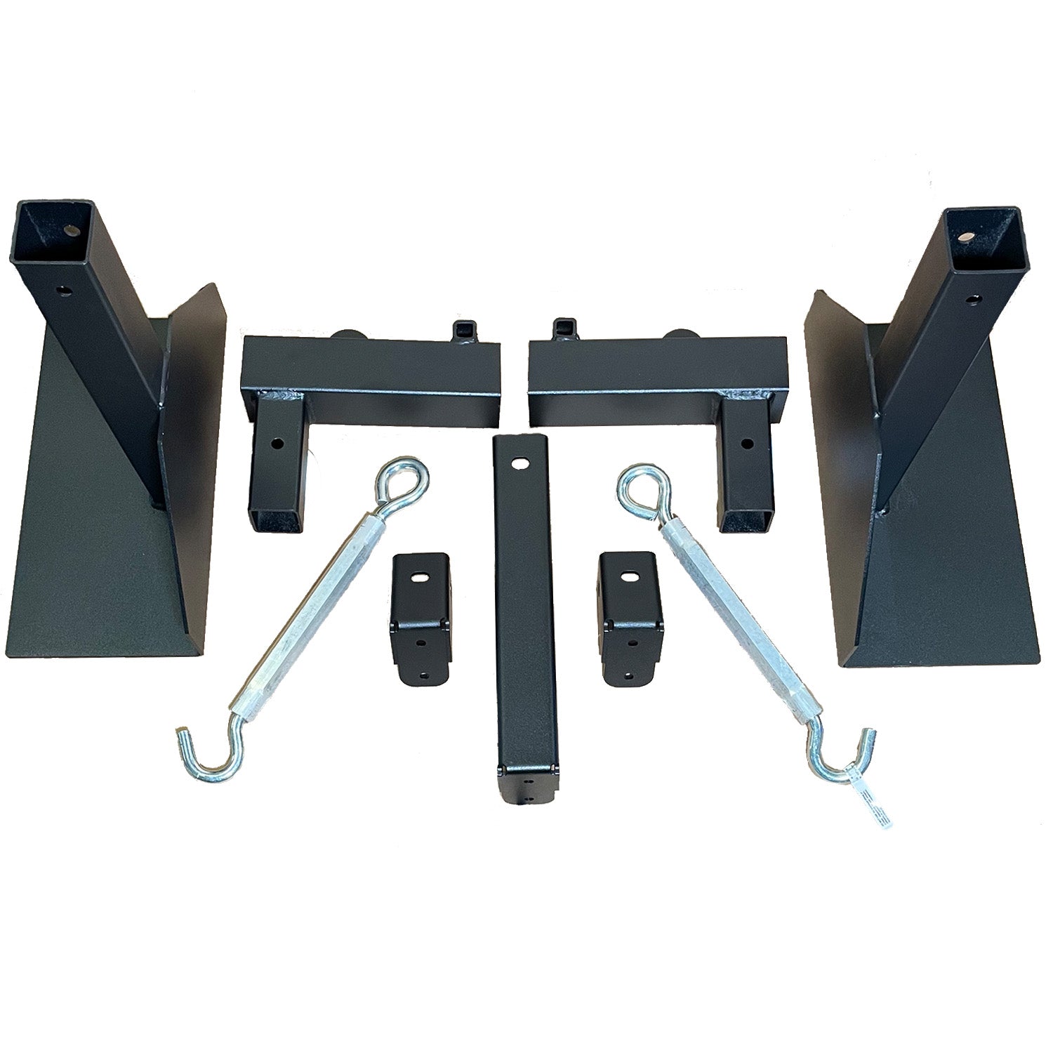A set of black metal components for a bike rack, including mounting brackets and hooks, but without a crossbar or wheel chocks.